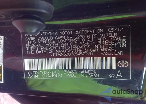 2012 Toyota Prius Three from USA, damaged, VIN JTDKN3DU7C5452270